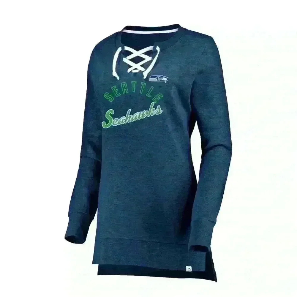 Women’s Majestic Navy Seattle Seahawks Hyper Lace-Up Tunic Sweatshirt - XS